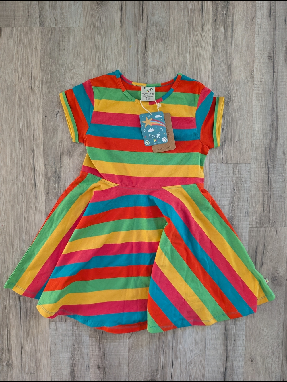 NWT Frugi Rainbow Stripe Kids Dress, 4-5Y (V8)
